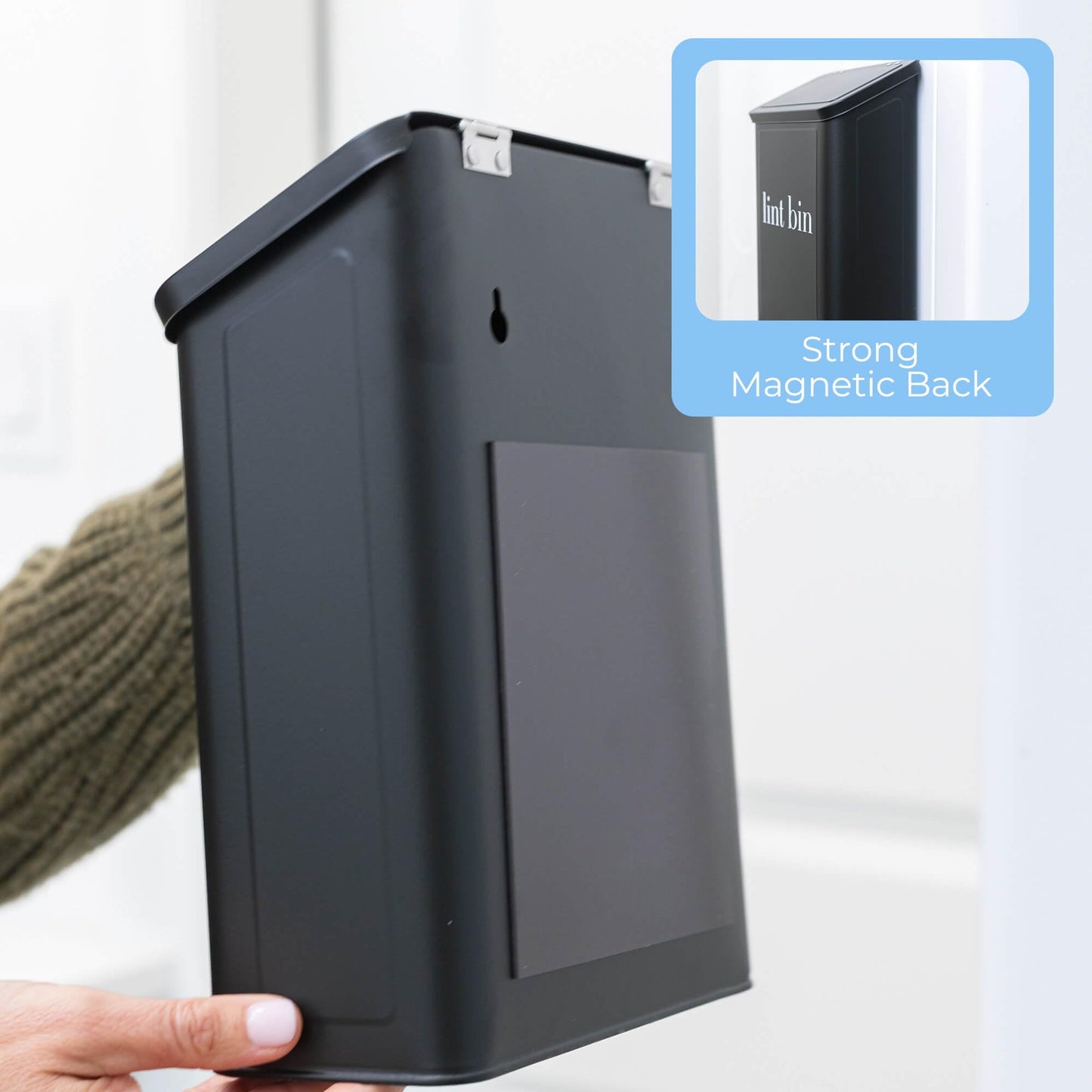 The Moda Collection Magnetic Laundry Lint Bin for Dryer | Wall-Mounted Small Trash Can for Laundry Room | Includes Magnetic Hook & Lint Brush | Space-Saving Magnetic Laundry Trash Can | Matte Black