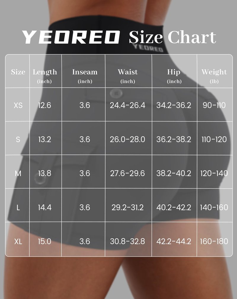 YEOREO CoreFlex Women Workout Gym Shorts with Cargo Pockets Hidden Scrunch 3.6" 4.5" Inseam No Front Seam Biker Shorts Black L