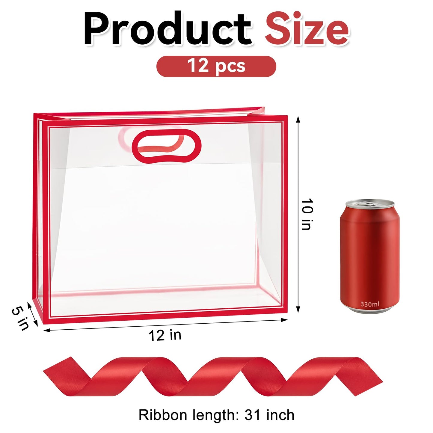 Ohuimrt Clear Plastic Gift Bags with Handles, 12 Pack, Red