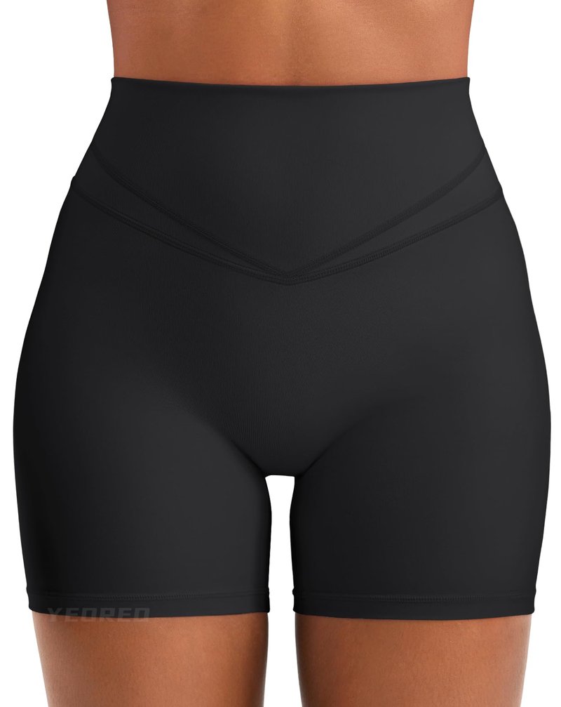 YEOREO Women Workout Yoga Shorts 4.5" No Front Seam Hidden Scrunch Almiy High Rise Buttery Biker Shorts Black S