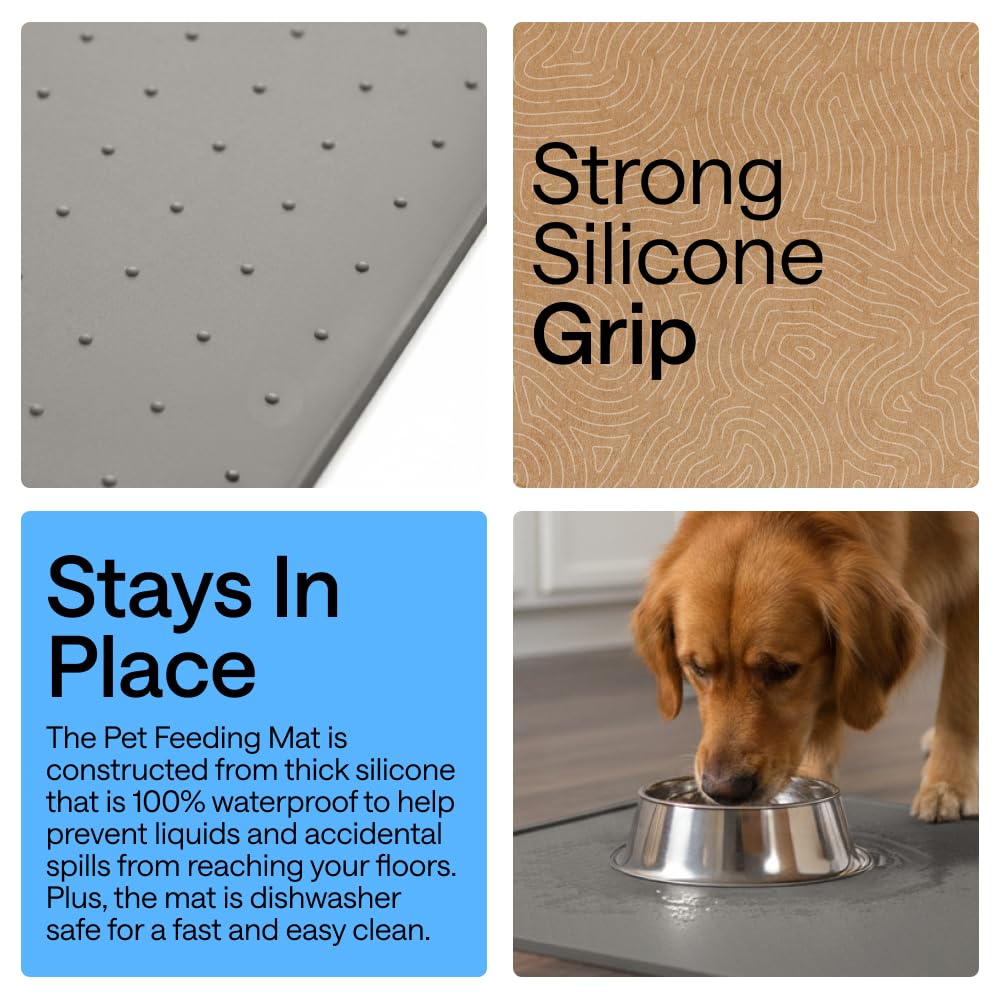 GORILLA GRIP 100% Waterproof Raised Edge BPA Free Silicone Pet Feeding Mat, Dog Cat Food Mats Contain Spills Protects Floors, Placemats for Cats and Dogs Water Bowl, 18.5x11.5, Gray