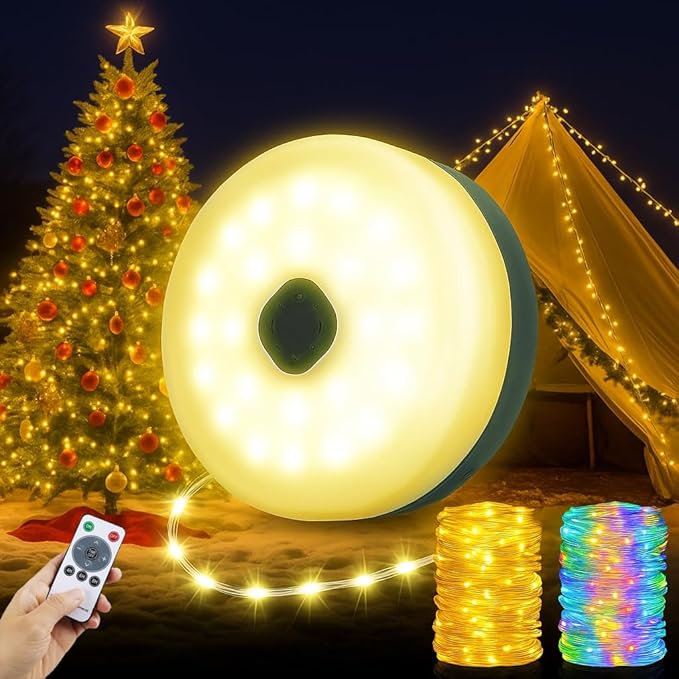 Camping String Lights 33ft, 4 in 1 Rechargeable 100 LED Outdoor Tent String Lights with 14 Lighting Modes Remote Control Waterproof with Timer Function for Camping Gear Essentials Hiking Yard Garden