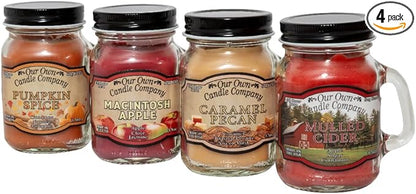 Our Own Candle Company 4 Pack Fall Assortment Mini Mason Jar Candles - 3.5 Oz Caramel Pecan, Mulled Cider, Pumpkin Spice, Macintosh Apple