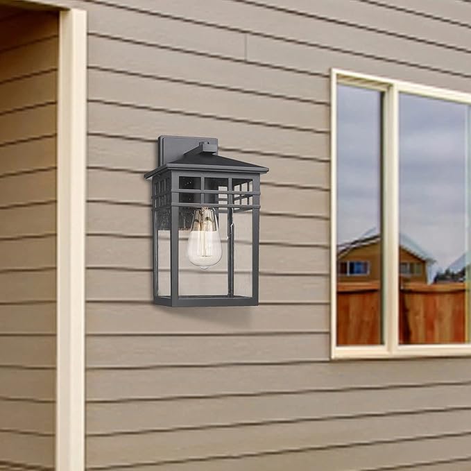 Outdoor Light Fixture Wall Mount, Modern Exterior Lights Fixture Wall Sconces with Seeded Glass for Front Porch, Farmhouse Rustic Waterproof Lantern Lamp in Black Finish for Home, Barn, Garage