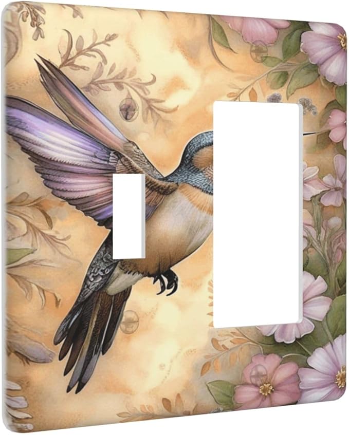 Decorative Art Light Switch Covers Blossom & Hummingbird 2 Gang Single Toggle Rocker Combination Electrical Faceplate Switchplate Wall Plate for Home Decor