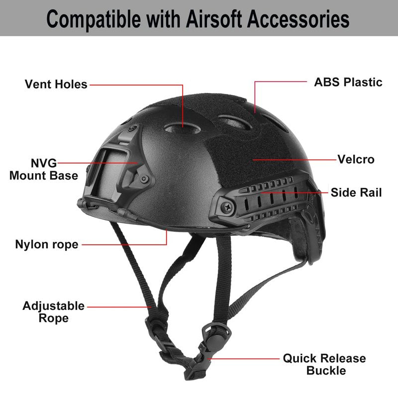 SANYETS Airsoft Helmet, Black PJ Tactical Helmet with Night Vision Mount,Paintball Goggles and Balaclava Face Mask,Men's Military Costume,Tactical Airsoft Gear