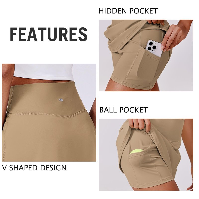 PINSPARK Tennis Skirts for Women V Waisted Golf Skorts Lightweight Athletic Skirt Stretchy Workout Skort with Pockets, Khaki Small