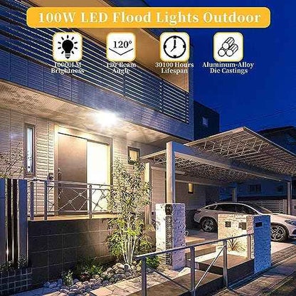 4 Pack 100W LED Flood Lights Outdoor, 10000 LM Super Bright Security Lights, Portable IP66 Waterproof LED Work Light with Plug, 6000K Daylight White Floodlights for Garage Yard Garden Playground