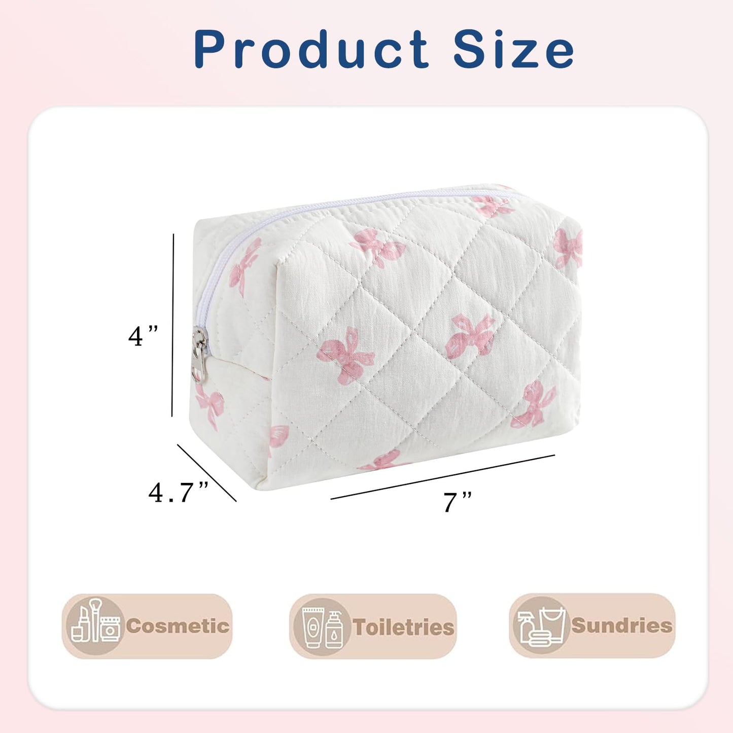 RSRSLEII Small Quilted Cotton Makeup Bag, Cute Floral Cosmetic Bag, Cotton Aesthetic Makeup Pouch, Kawaii Travel Toiletry Bag for Women and Girls (12White Pink Bow)
