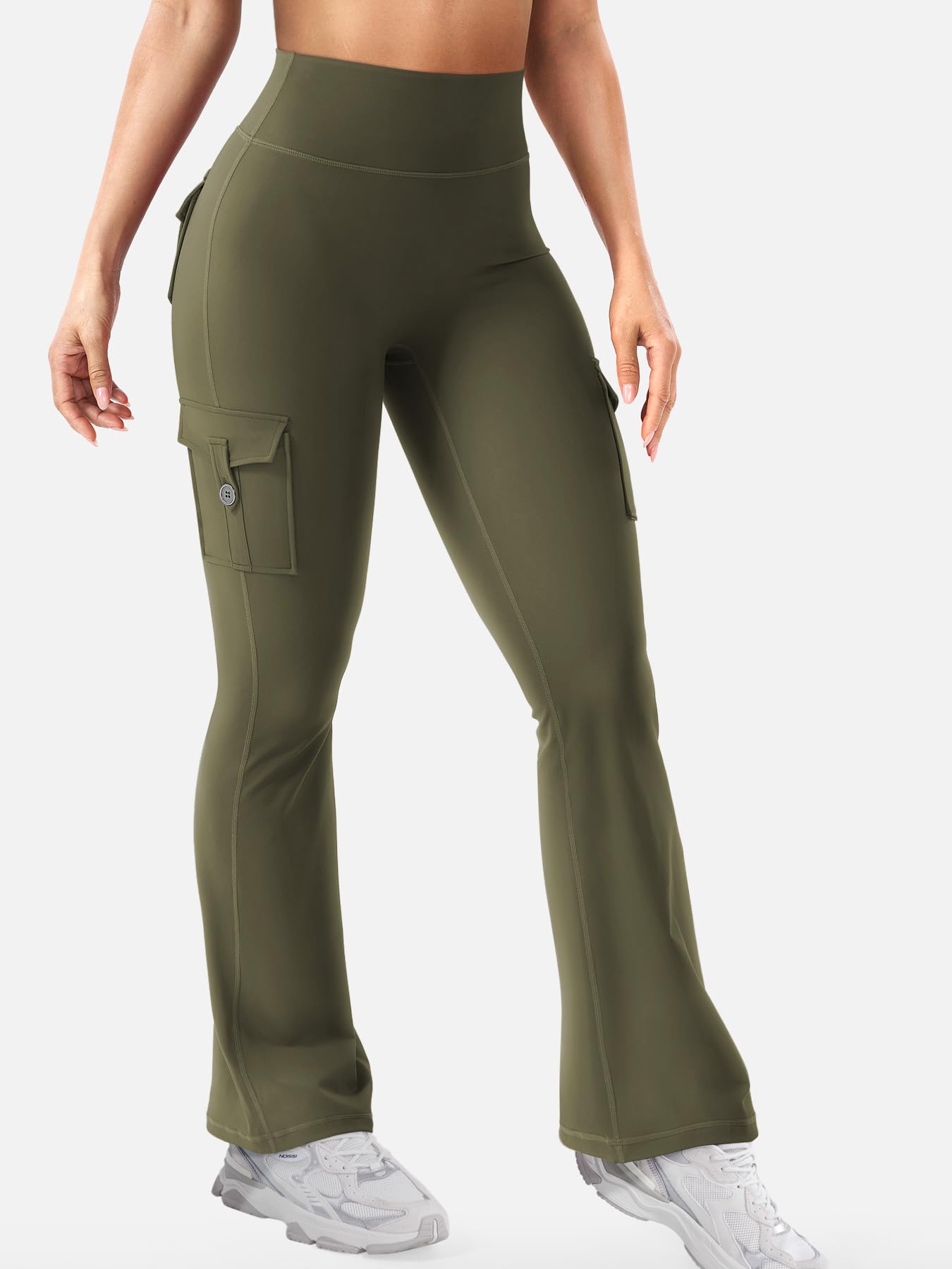 YEOREO CoreFlex Women Workout Flare Leggings with Pockets Scrunch Cargo Gym Yoga Leggings Army Green XS