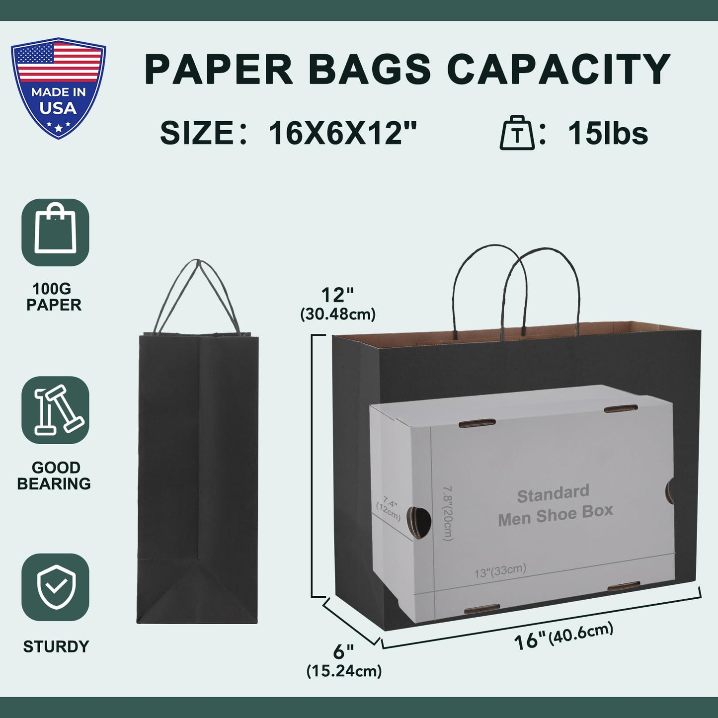 METRONIC Gift Bags with Handles,16x6x12 Inch Recyclable Black Paper Bag 50 Pack, Kraft Shopping for Business Grocery (Bulk)