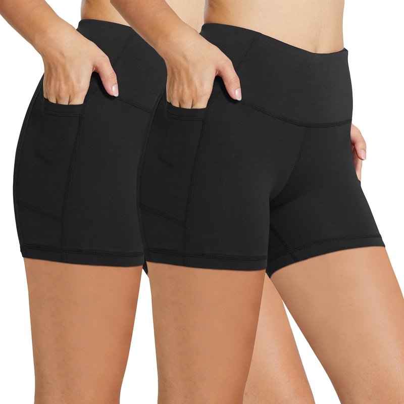 baleaf Biker Shorts Women Yoga Gym Workout Spandex Running Volleyball Tummy Control Compression with Pockets 5" 2-Pack Black/Black XS