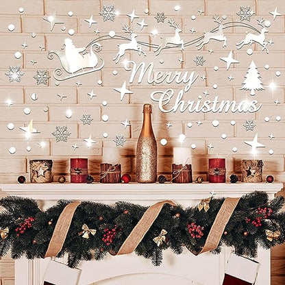 Christmas Mirror Decals Stickers Merry Christmas Santa Claus Reindeer Snowflakes Window Mirror Clings Xmas Acrylic Wall Art Decals Decor for DIY Holiday Winter Party Home Window Decor
