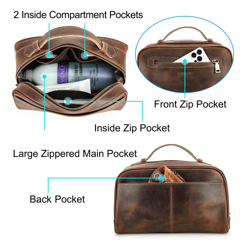 Contacts Full Grain Leather Travel Toiletry Bag for Men Wash Bag Bathroom Shaving Dopp Kit Toiletries Organizer Vintage Cosmetic Bag
