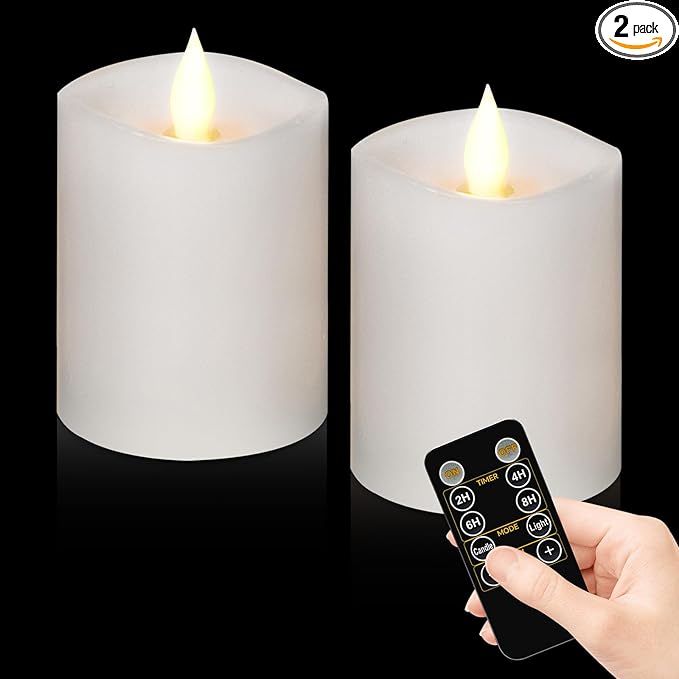 3"x4" Flickering Flameless Battery Candles with Timer, White Realistic LED Pillar Candles, Set of 2 Large Remote-Operated Candles for Home Indoor/Outdoor & Holiday Decor