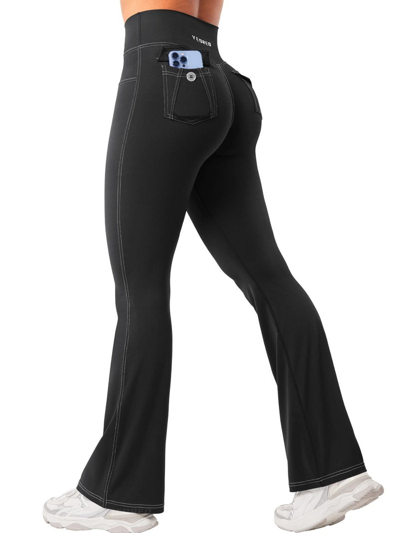 YEOREO CoreFlex Women Workout Mini Flare Leggings with Pockets Hidden Scrunch High Waisted Cargo Gym Casual Denim-Look Yoga Pants Black M