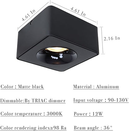 LED Dimmable Square Ceiling Spotlight Aluminum Black Wide 4.61 in Ultra-Thin 2.16 in Downlight Modern Ceiling Mounted Spot Light Fixture for Living Room Hallway Foyer CRI 98 12W 3000K 002