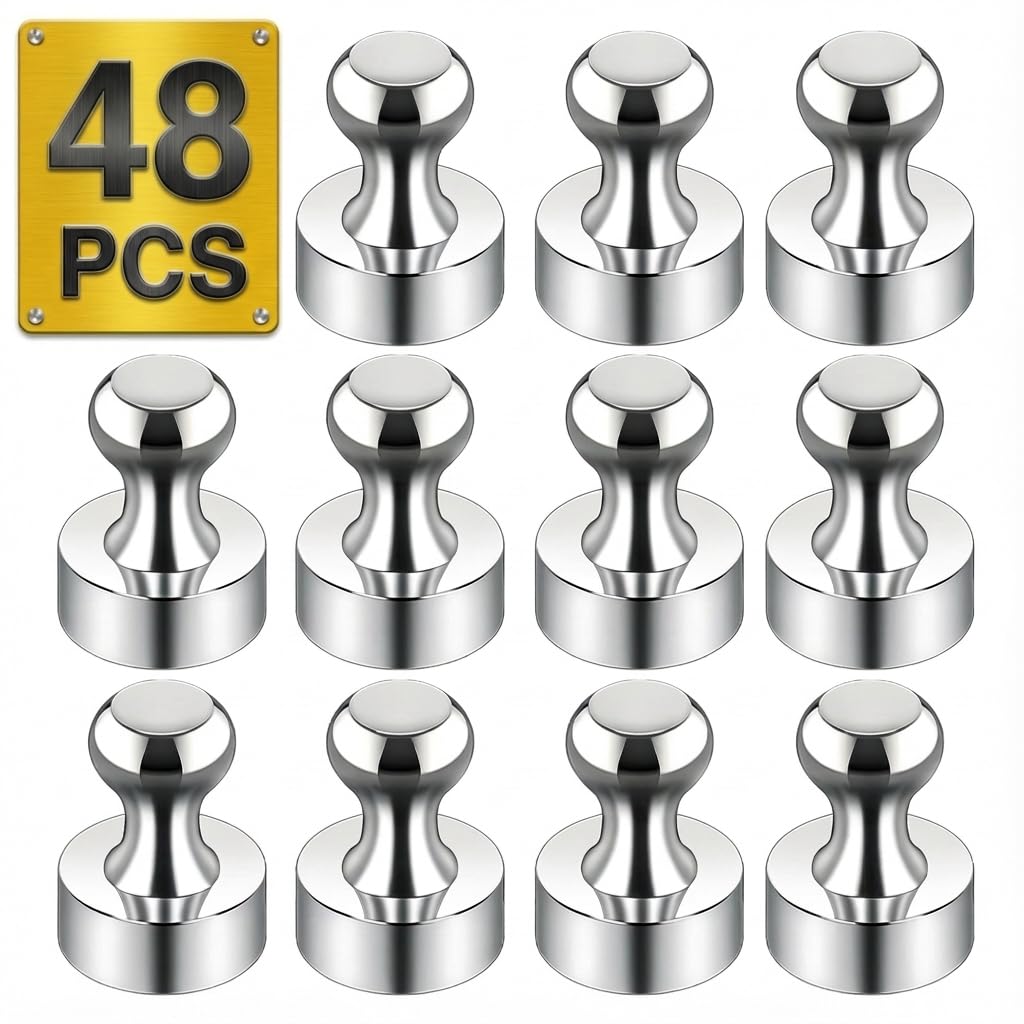 Tiergrade Metallic Magnets, Refrigerator Magnets, 48 Pack Silver Magnetic Push Pins, Strong Fridge Magnets, Multi-use Whiteboard Magnets Perfect for Kitchen Office Classroom