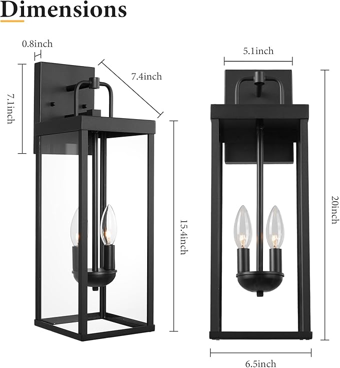 Outdoor Wall Sconce Light, 20 Inch Tall Transitional Exterior Wall Bracket Lighting with Clear Glass, Anti-Rust Powder Coat Black Modern Outside Lantern for Front Porch Corridor Doorway Patio