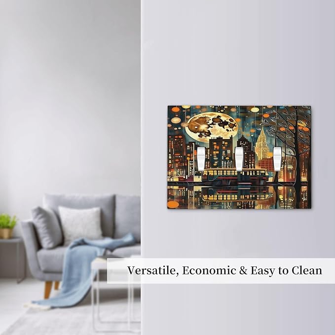 City Light Moon Bus Abstract Art Light Switch Covers 3 Gang Triple Toggle Wall Plate Decorative Switchplate Electrical Faceplate for Farmhouse Living Decor