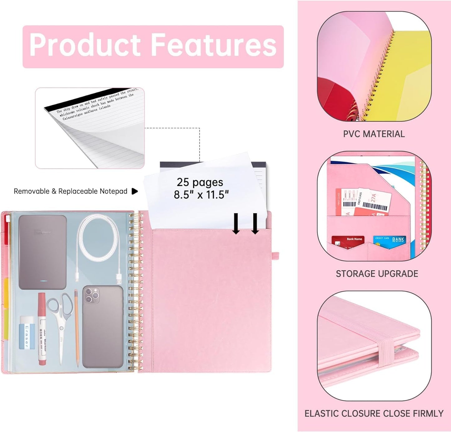 HAUTOCO Spiral Leather Clipboard Folio with Notepad (8.5 x 11''), 5 Folders with 10 Pockets, Storage Zipper Pouch, Pen Loop, 39 Stickers, Padfolio Organizer for Work School, Pink