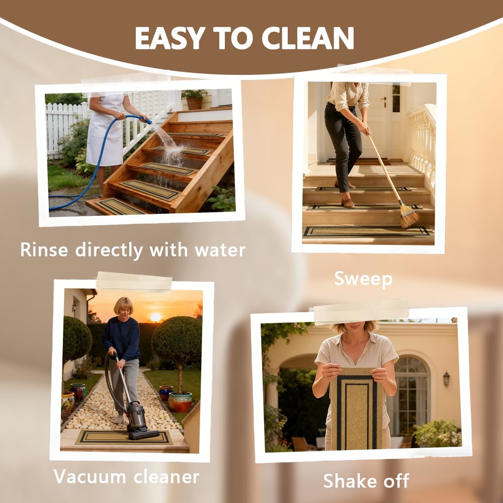 Outdoor Stair Treads for Wooden Steps, Non-Slip Rubber Brown Stair Runner Rugs, 2 Pcs 8.5" x 30" Heavy Duty Stair Mats for Outside Steps, Weatherproof Grip for Elders, Dogs & Kids, Black Border.