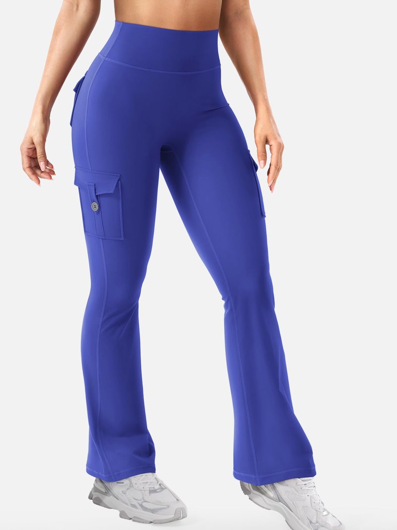 YEOREO CoreFlex Women Workout Flare Leggings with Pockets Scrunch Cargo Gym Yoga Leggings 28" Inseam Dazzling Blue M