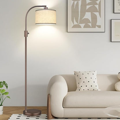 Upgraded Dimmable Floor Lamp, 1200 Lumens LED Bulb Included, Bronw Arc Floor Lamp with Linen Shade for Living Room, Bedroom, Reading Room, Nursery