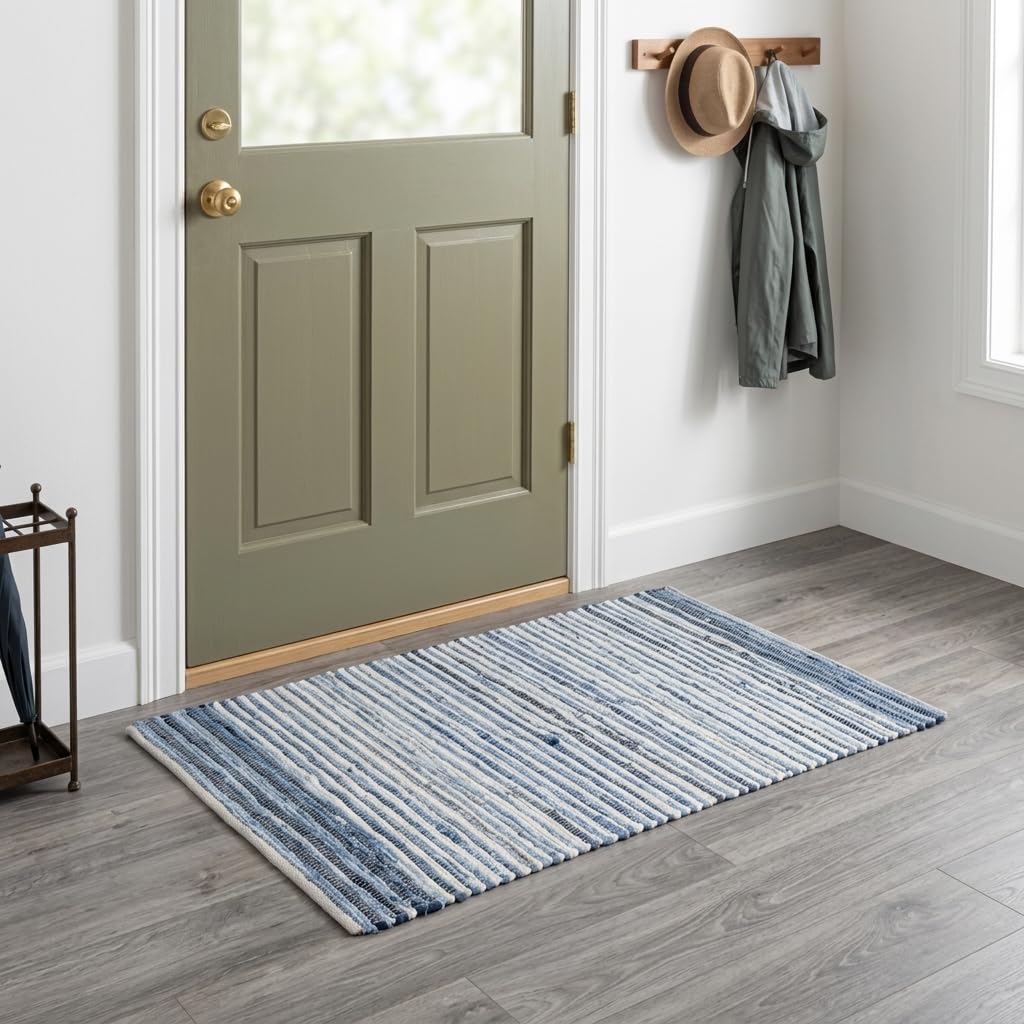 HOMEMONDE Denim Rag Rug 20"x32" Blue Recycled Soft Cotton Chindi Hand Crafted Reversible Boho Rugs for Entyrway, Doormat, Kitchen, Bedroom, Living Room