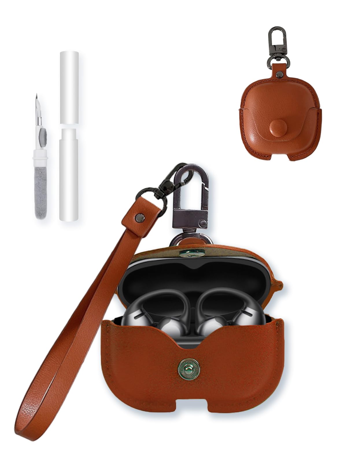Case for SHOKZ OpenDots ONE Earbuds,Stylish Retro Soft Protective,BOVUGAC Premium PU Leather Case Cover with Cleaning Kit & Lanyard for SHOKZ OpenDots ONE Accessories-Brown