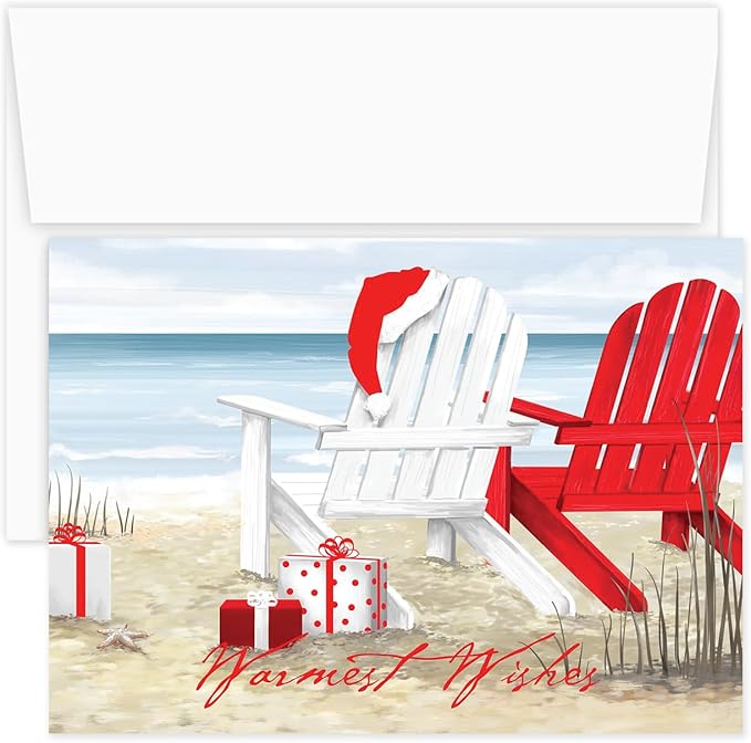 Masterpiece Beach Chairs Cards / 16 Warmest Wishes Coastal Holiday Card Set With Red Foil And White Envelopes / 5 5/8" x 7 7/8" Tropical Vacation Greeting Cards With Meaningful Inside Verse