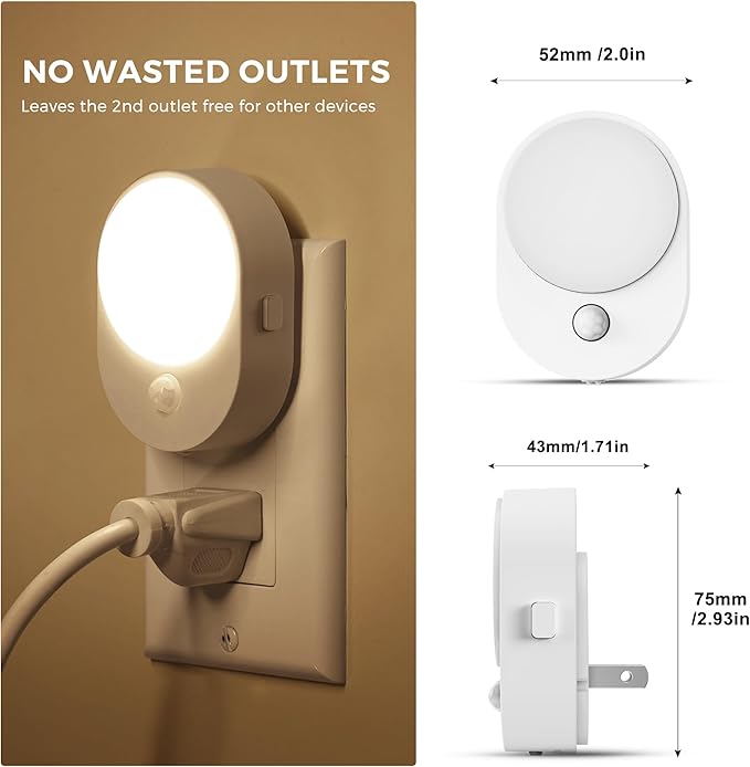 L LOHAS LED Plug in Night Light with Motion Sensor and Dusk to Dawn Sensor,[4-PACK] Night Lights Plug into Wall,3000K Soft White,30/60/100LM Dimmable Nightlight for Bathroom Hallway Kitchen