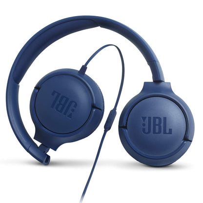 JBL Tune 500 - Wired on-ear headphones, JBL Pure Bass Sound, 1-button remote/mic, Tangle-free flat cable, Lightweight and foldable design, Ask Siri or Google Now (Blue)