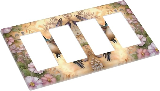 Decorative Art Light Switch Covers Blossom & Hummingbird 4 Gang Rocker Decora Outlet Covers Electrical Faceplate GFCI Wall Plate for Home Decor