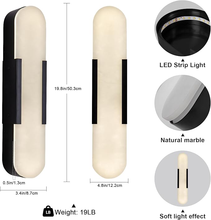 Alabaster Wall Sconces Set of 2,19.7'' Brass Wall Sconce Natural Marble Wall Sconce for Bathroom, Indoor Modern Wall Light Fixtures for Living Room Hallway Stairs Vanity Bedside, Black