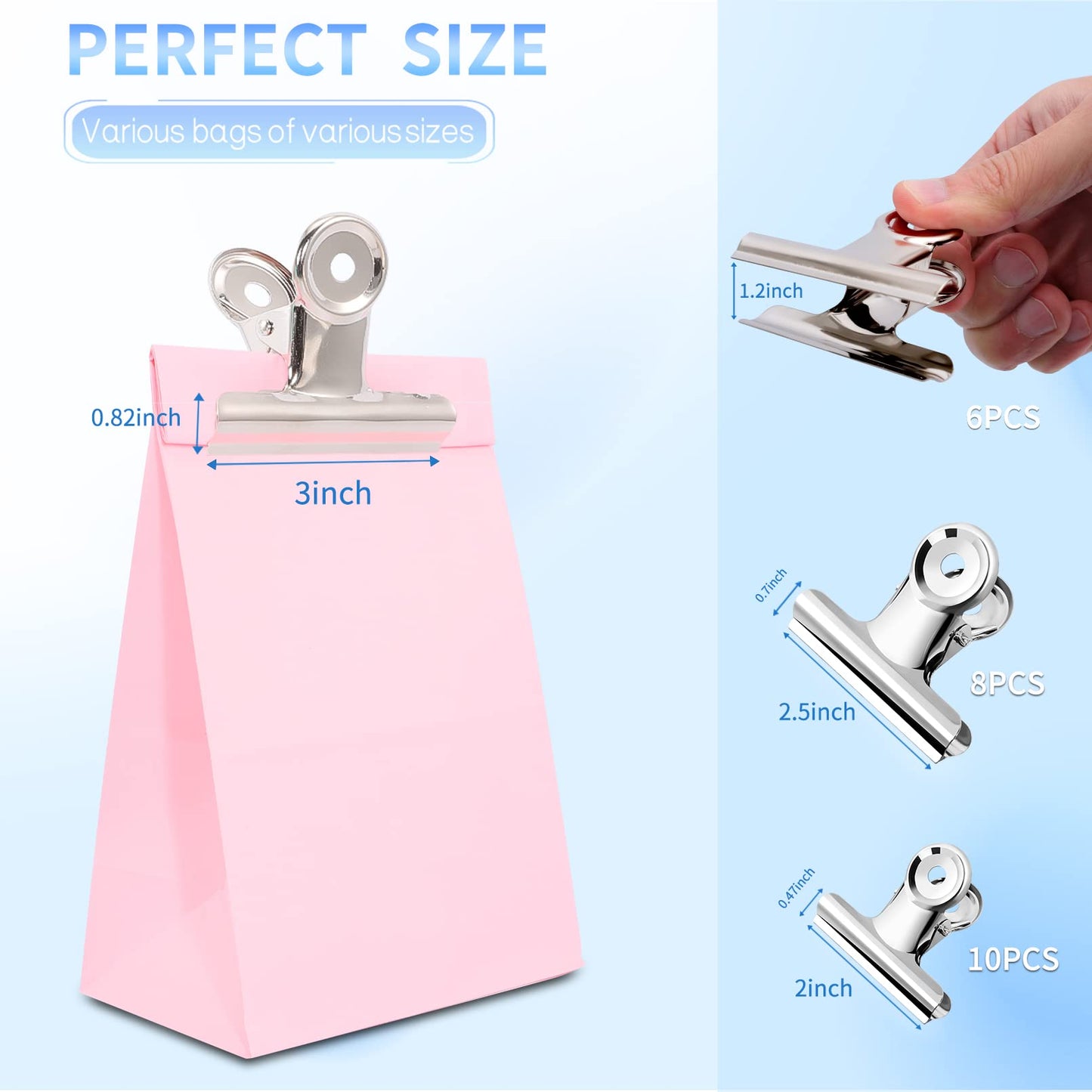 24 Pack Large Metal Hinge Clips,3 Sizes Bulldog Clips,Large Bull Clips,Stainless Steel Chip Clips Bag Clips Food Clips,Binder Paper Clip Clamp for Food Bag,Pictures,Photos,Home Kitchen Office Supplies