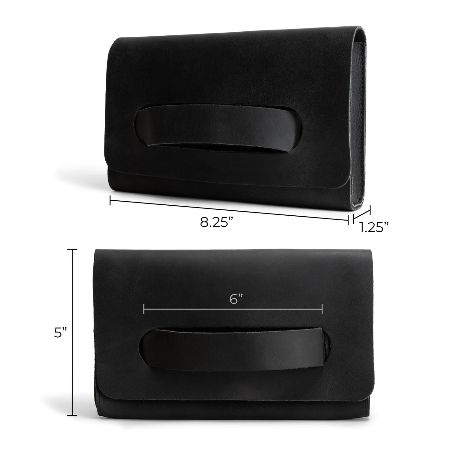 Hide & Drink, Rectangular Clutch Bag With Handle, Wallet for Cards, Money, Stylish Handbag, Full Grain Leather, Handmade, Charcoal Black