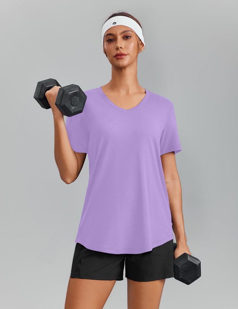 PINSPARK Hiking Shirts for Women UPF 50 Sun Protection Short Sleeve V Neck Moisture Wicking Quick Dry Outdoor Athletic Tops,Lavender XX-Large