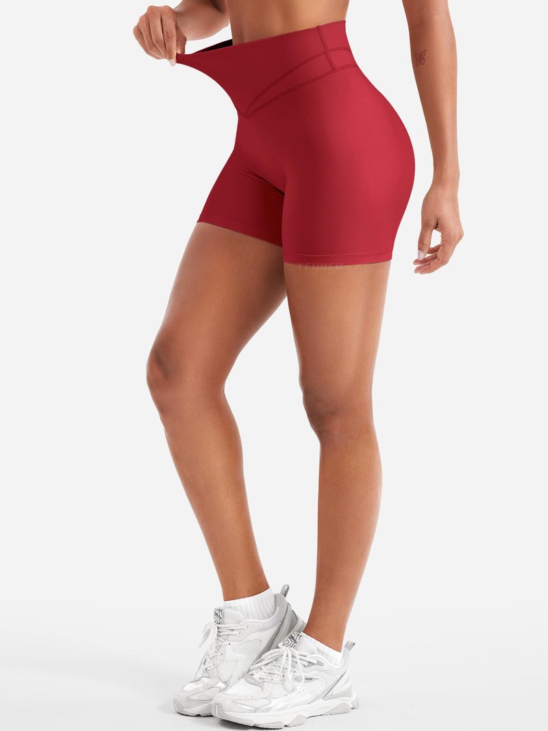 YEOREO Women Workout Yoga Shorts 4.5" No Front Seam Hidden Scrunch Almiy High Rise Buttery Biker Shorts Red S