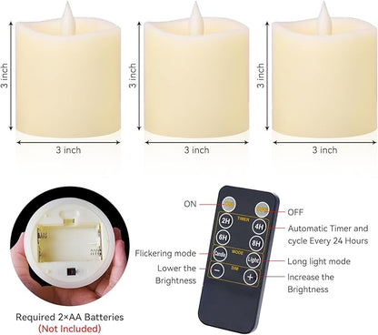 Flameless Candles with Remote & Timer - 3×3'' Ivory Pillar LED Candles Battery Operated,Fake Candles for Indoor Outdoor - Realistic Flickering Flame Holiday Wedding Church Decor (3-Pack)