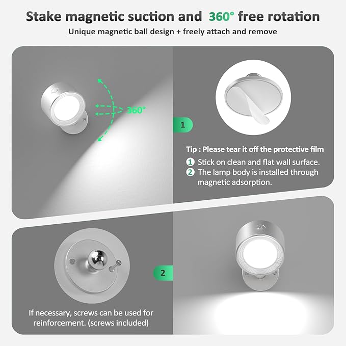 Lightbiz LED Reading Lights, Wall Lights Sconces 2 Pcs with Remote Rechargeable Battery Operated, 3 Color Temperatures & Dimmable Light Magnetic Ball 360°Rotation, Lamps for Study Bedside Closet