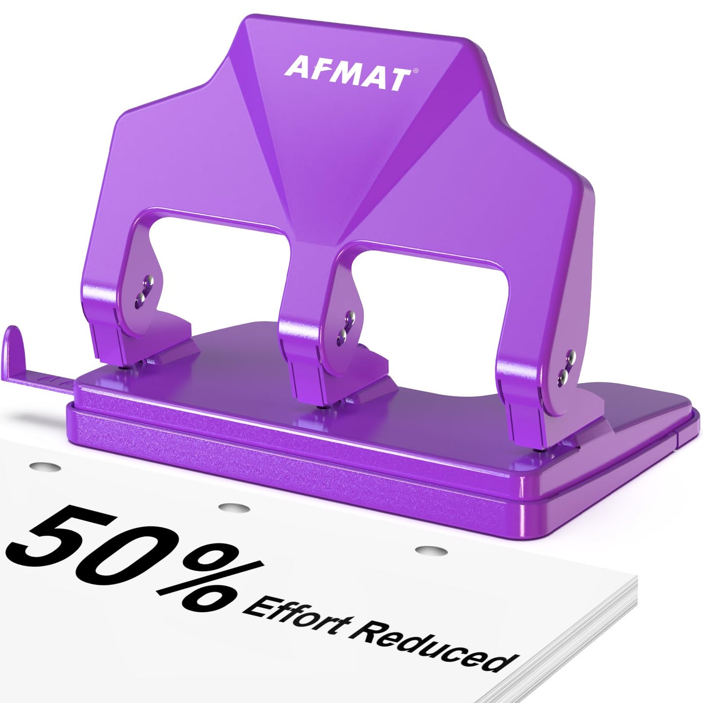 AFMAT 3 Hole Punch Heavy Duty, 40-Sheet Three Hole Punch, 50% Reduced Effort, 3 Hole Puncher for Binder w/Large Chip Tray, 9/32" Holes Diameter, Metal Paper Puncher for Home/Office/School,HP14(Purple)
