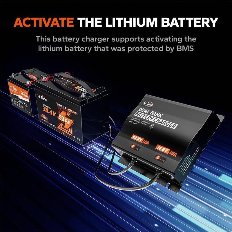 LiTime 2-Bank(43.8V 10A & 14.6V 10A) Lithium Battery Charger for 36V(38.4V)/12V(12.8V) LiFePO4 Battery, AC-DC Smart Charger with IP65 Waterproof, LED Indicator for Boat, Golf Cart, RV and Home