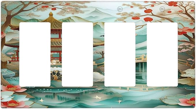 Asian Palace Traditional Bridge Cherry Blossoms Light Switch Cover 4 Gang Rocker Decora Outlet Covers Wall Plate Decorative Switchplate Electrical Faceplate GFCI for Farmhouse Decor
