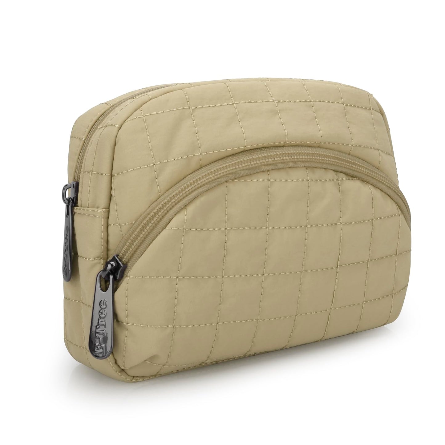 E-Tree Makeup Bag, Quilted Cosmetic Bag for Women, Puffer Make up Pouch for Purse,Travel Toiletry Organizer Case (Khaki)
