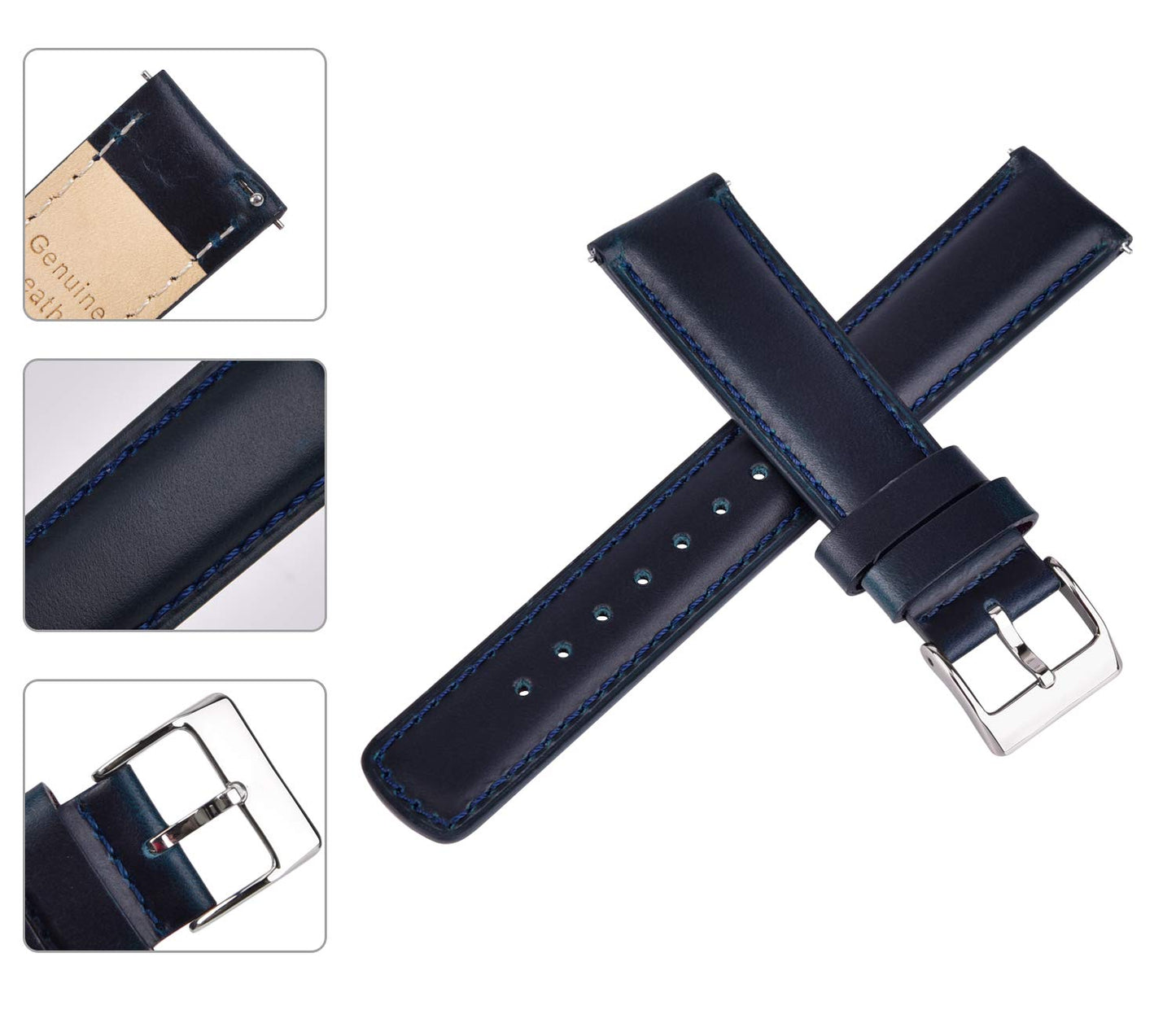 Ritche Quick Release Leather Watch Band 18mm 20mm 21mm 22mm 23mm 24mm Leather Watch Strap, Dark Blue & Silver, 18mm, Classic
