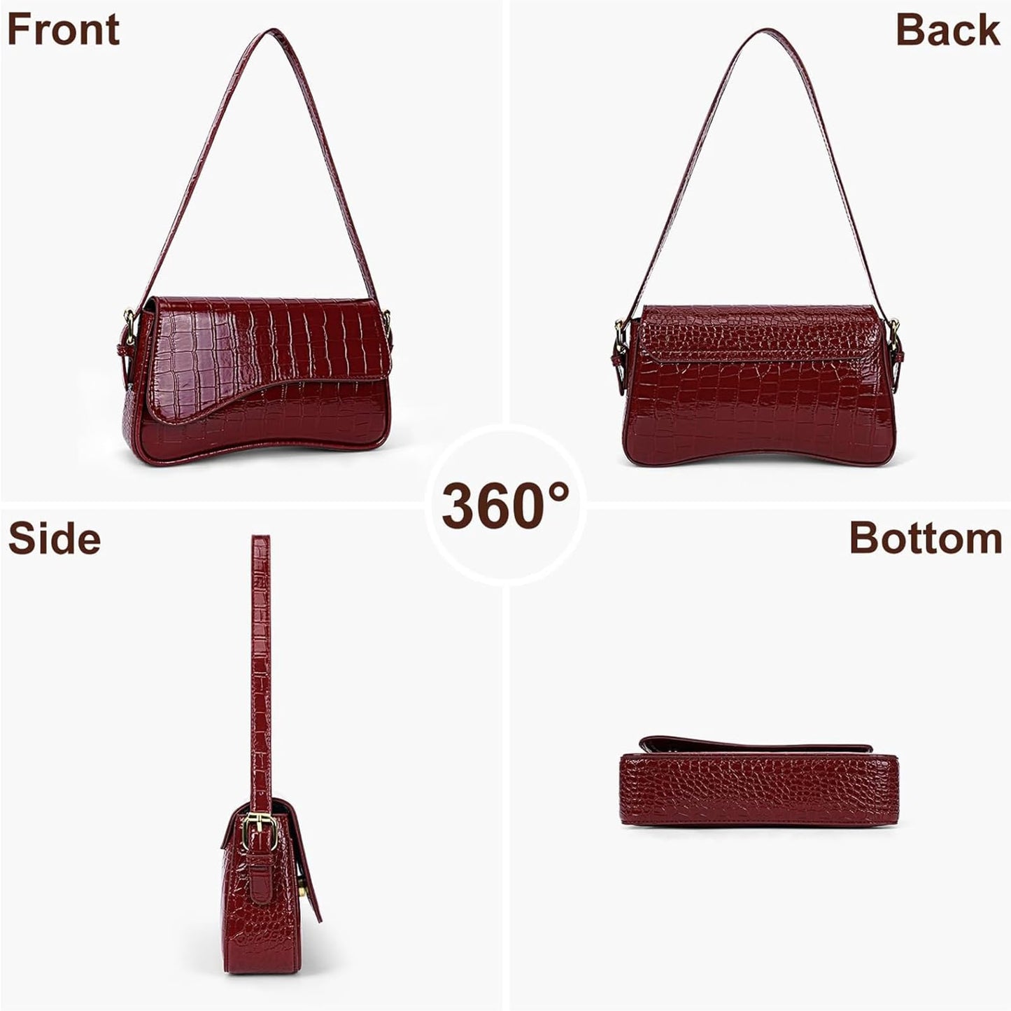 feujury Shoulder Bag for women Y2K Crossbody Vegan Leather Purse Straps Retro Clutch Hobo Hadbags with 2 Removable (B-crocodile red)