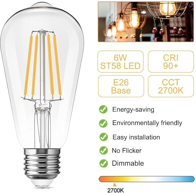 LED Light Bulbs Edison dimmable Bulbs Warm White 2700K Light Bulbs,E26 Base Energy Saving Equivalent 60W Incandescent watt,Antique Glass Style for Home, Bedroom. (2700k Warm White, 12-Pack)
