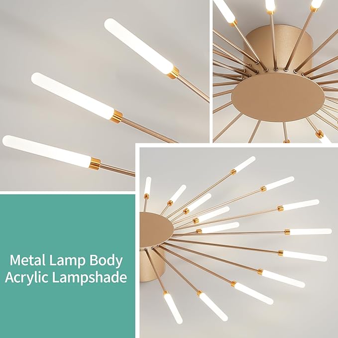 ziidoo Modern Ceiling Light, 28 Lights Metal Firework Designed Chic Led Lighting Fixture for Farmhouse Kitchen Dining Room Bedroom Hallway Living Room (Gold and Dark Gold)