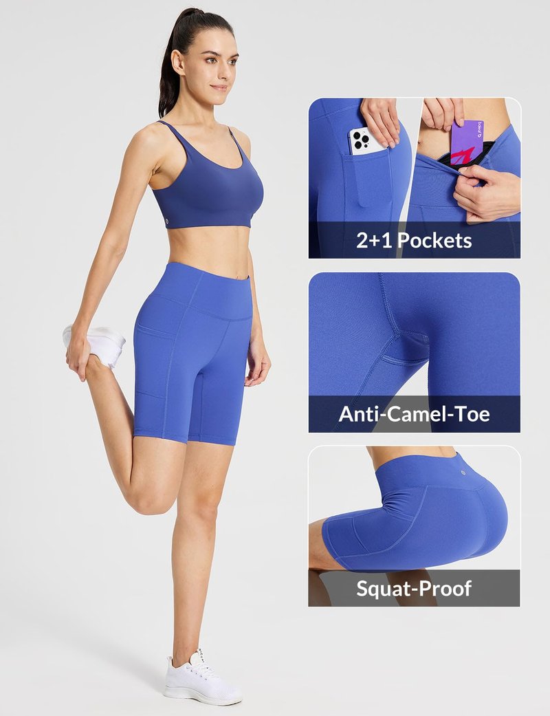 baleaf Biker Shorts Women Yoga Gym Workout Spandex Running Volleyball Tummy Control Compression with Pockets 8" Earth Blue XXXL